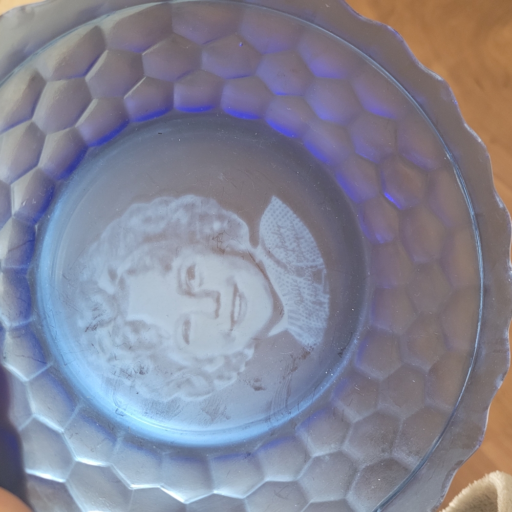Vintage Blue Glass Plate with Portrait